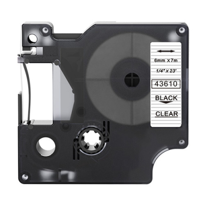 Dymo 43610 compatible lettertape zwart op transparant 6mm